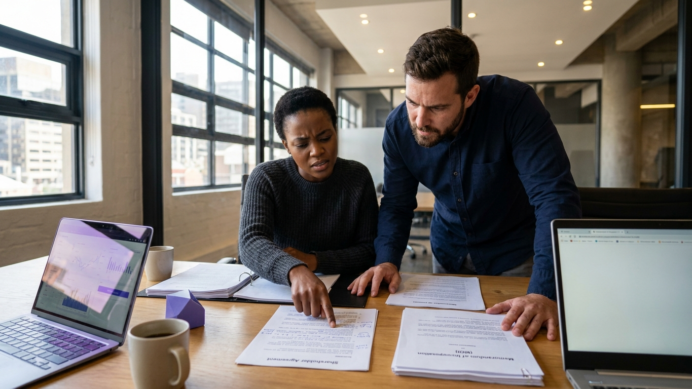 Team of entrepreneurs discussing founder vesting terms around a conference table
