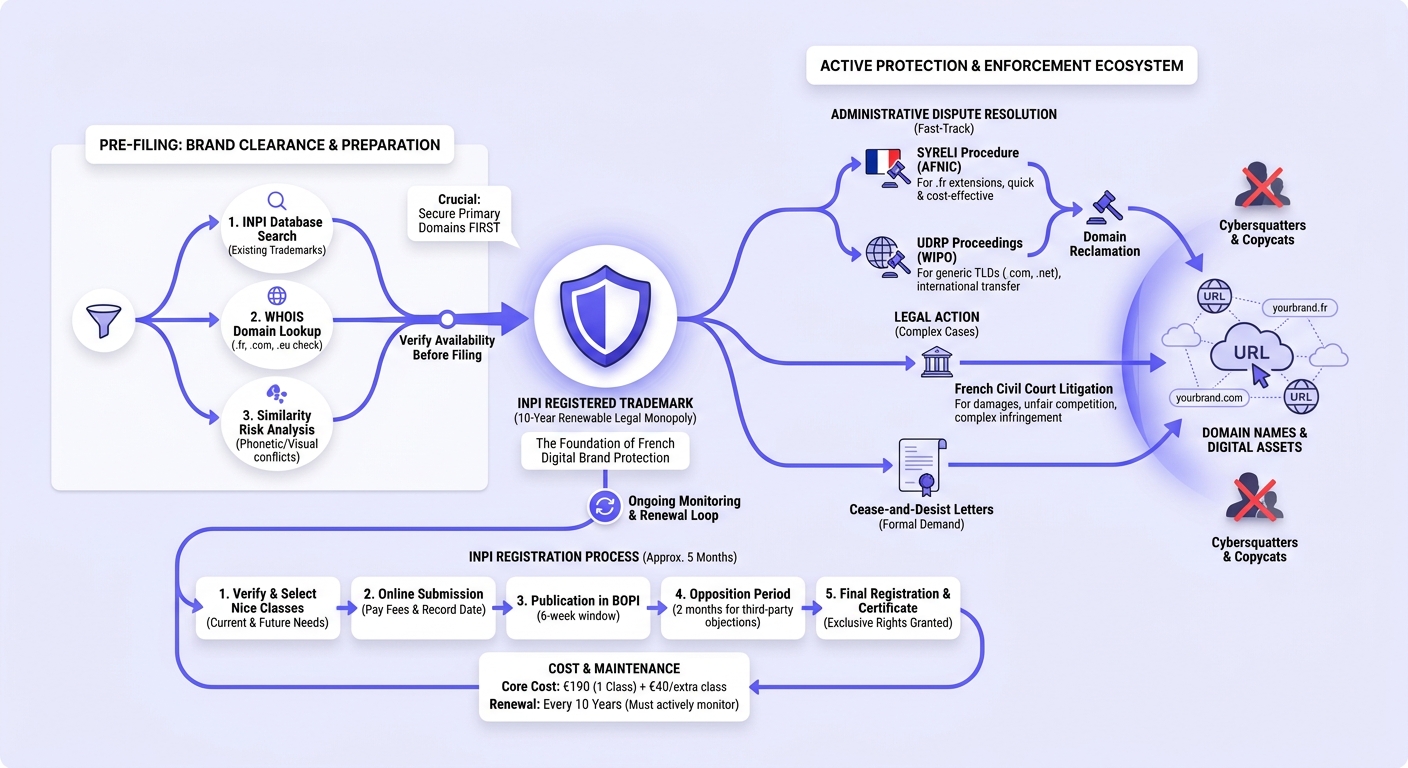 Infographie expliquant : Comment Enregistrer Votre Marque auprès de l'INPI pour Se Protéger Contre le Cybersquatting en France
