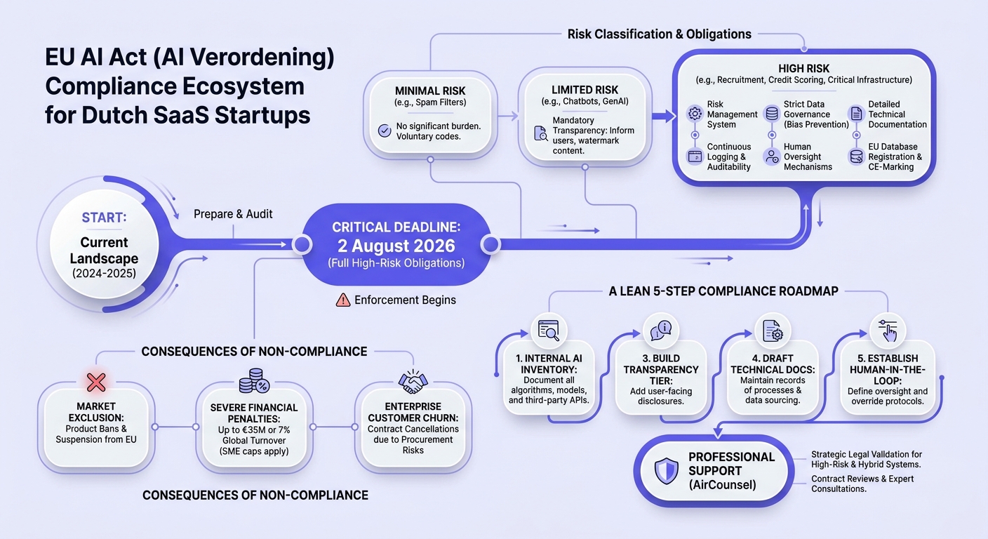 Infographic: Wat gebeurt er als een Nederlandse SaaS-startup de nieuwe AI Act-compliancedrempels van 2026 negeert?