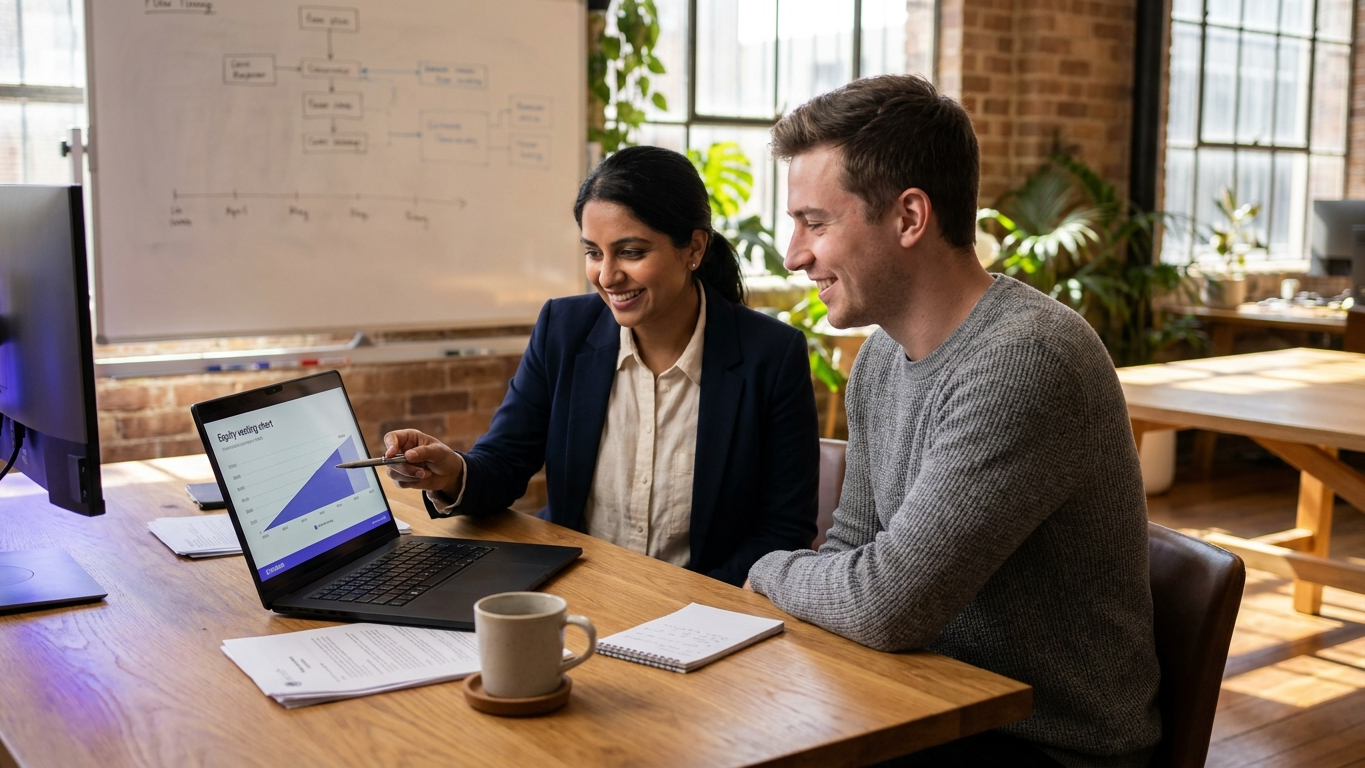 An employee-owned enterprise team analyzing financial growth plan projections on a screen