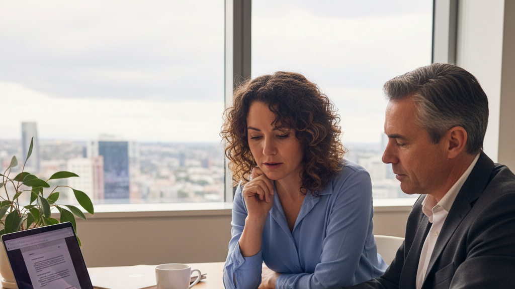 Australian tenant highlighting key clauses in a printed commercial lease agreement at a shared workspace table