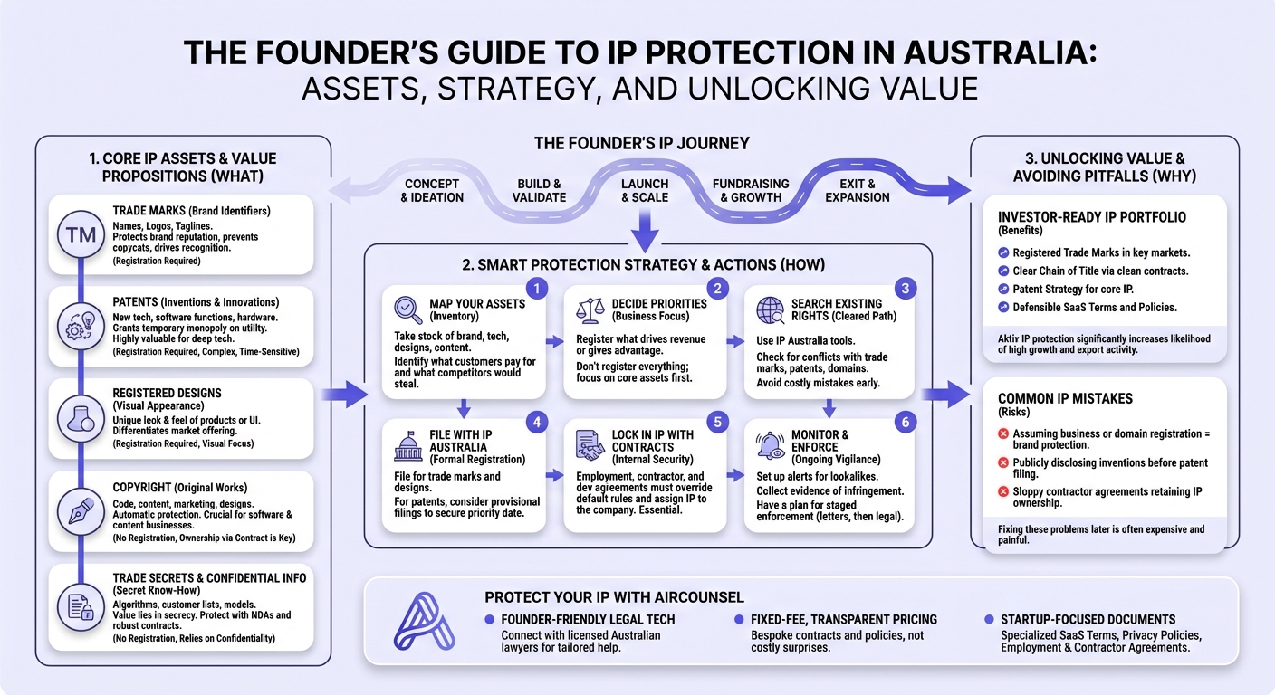 Infographic: IP protection in Australia — quick, founder-friendly overview of key IP types and steps to protect your IP in Australia