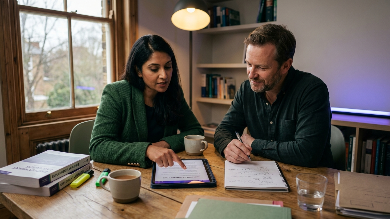 A modern lawyer explaining compliance timelines and contract audits to a UK startup founder