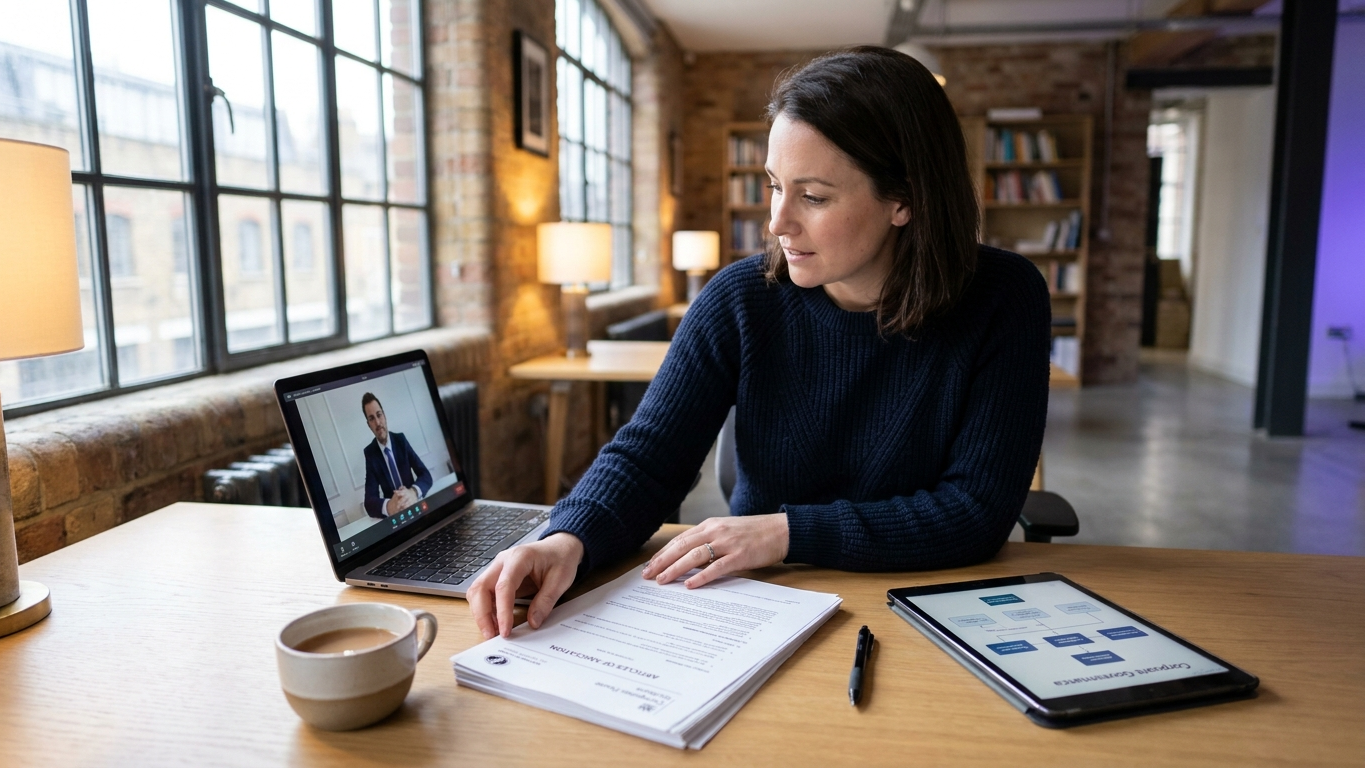 Business team reviewing legal and corporate governance filings on a laptop