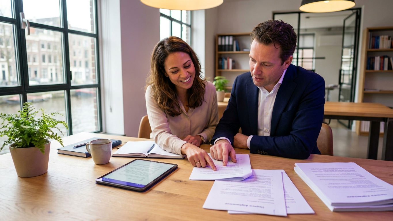 Een close-up van zakelijke handen die een contract ondertekenen op een houten tafel