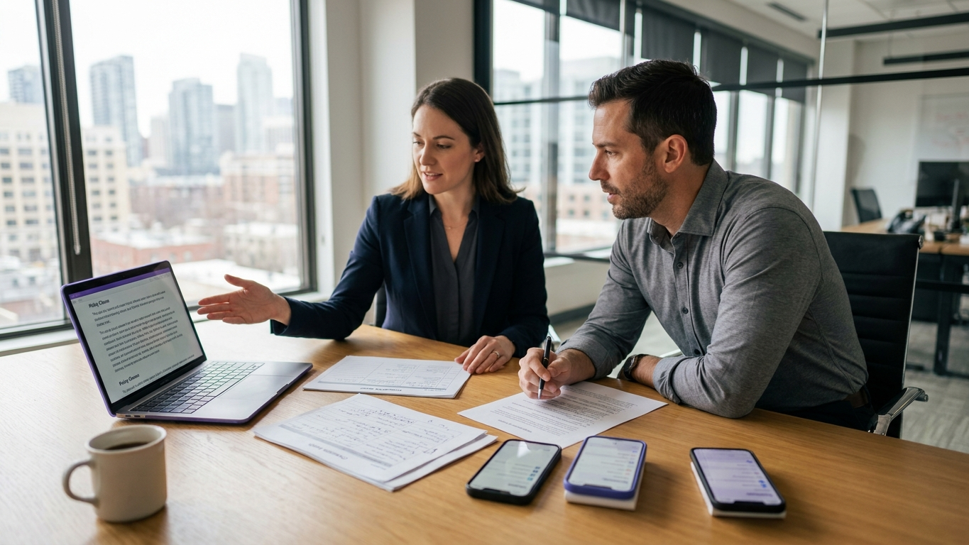 Attorney analyzing mobile privacy compliance contracts on a desk