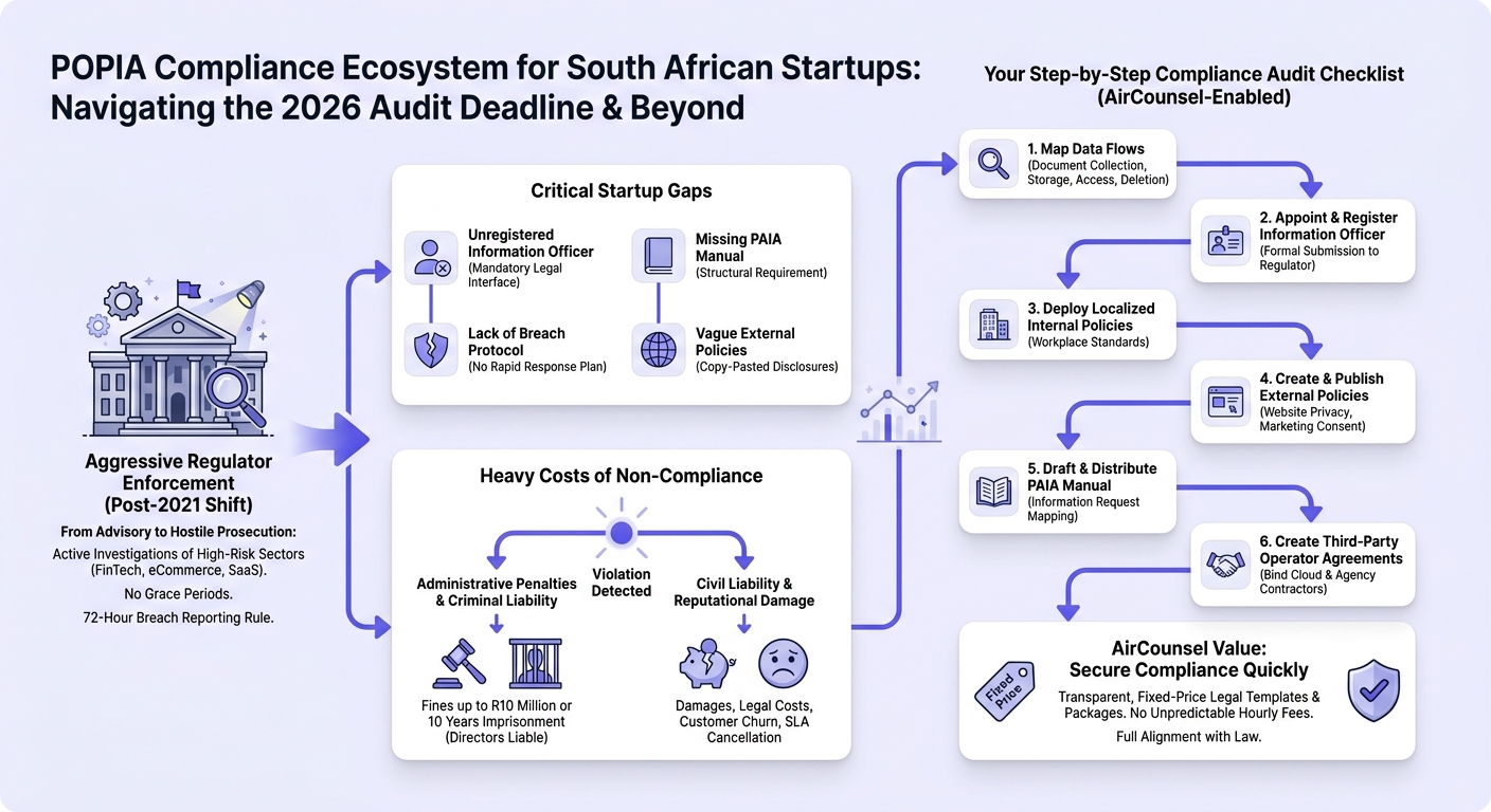 Infographic explaining: Why South Africa Startups Face Heavy Penalties for Missing the July 2026 POPIA Audit Deadline