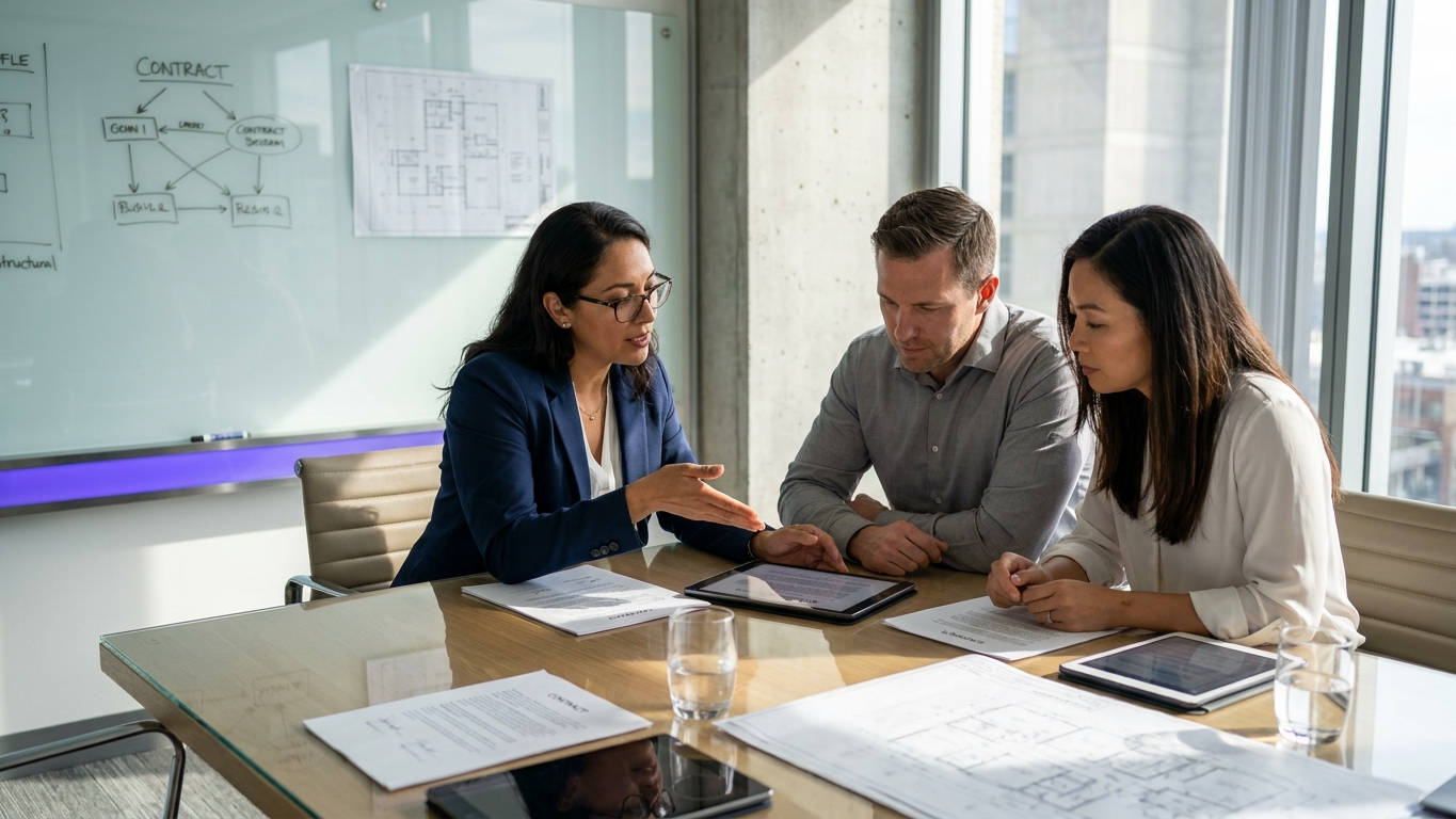 Lawyers reviewing legal documents and employment agreements side by side