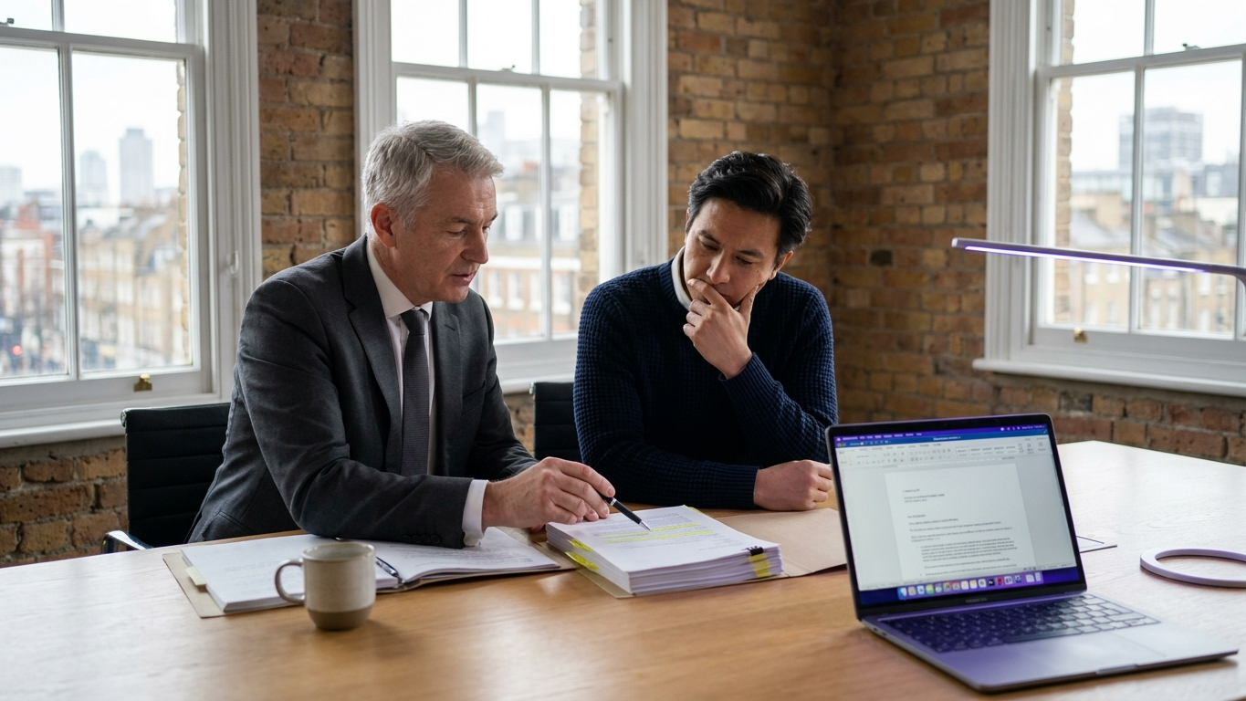 UK business founders discussing legal dispute strategy in a modern office