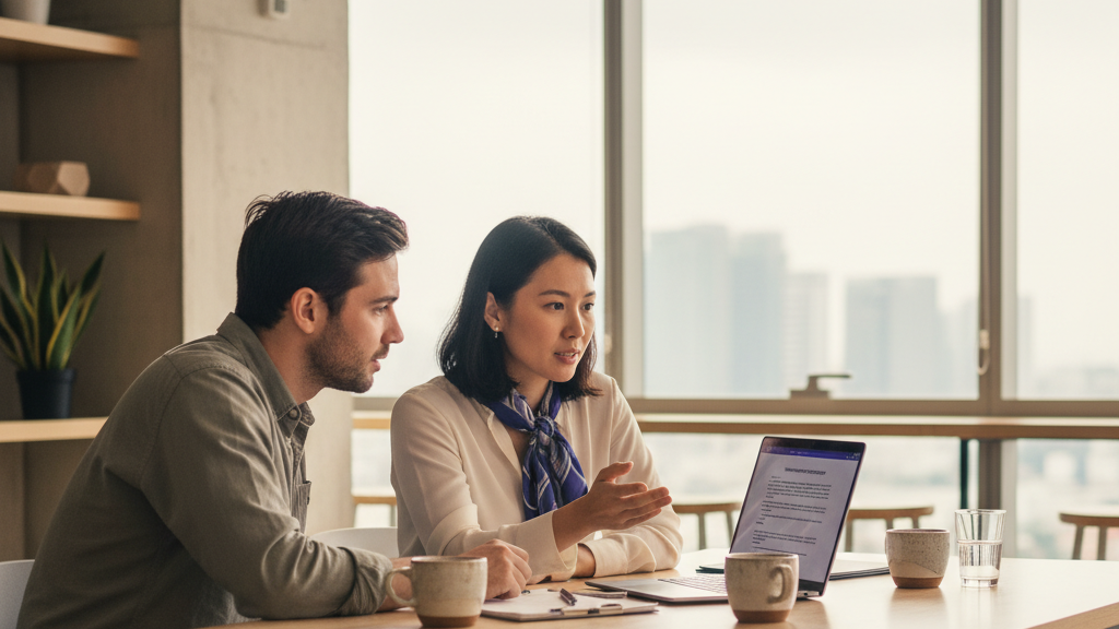 HR manager in a startup highlighting risk clauses in an employment offer letter on her desk
