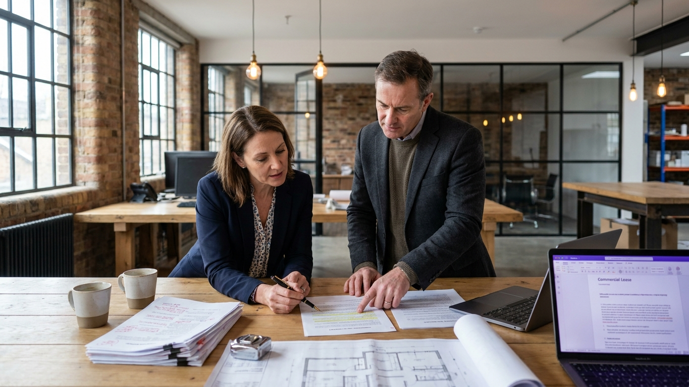 Business founders reviewing commercial lease terms and floor plans