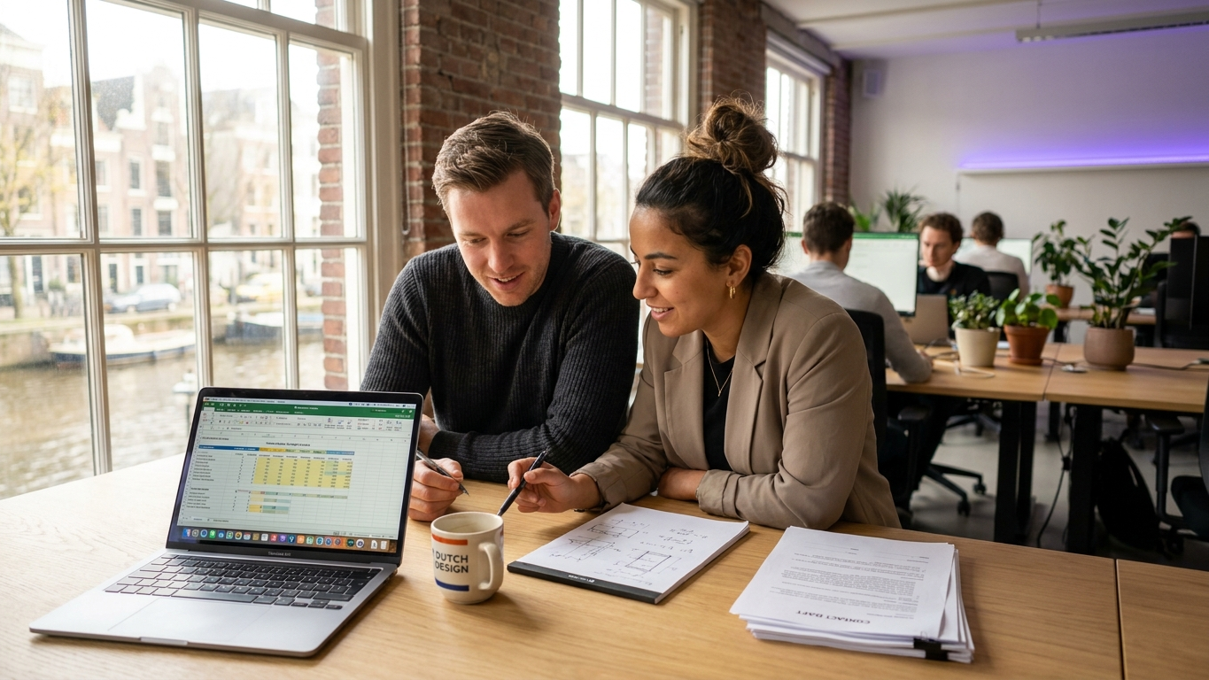 Een juridisch document op een bureau naast een pen en een laptop met financiële cijfers