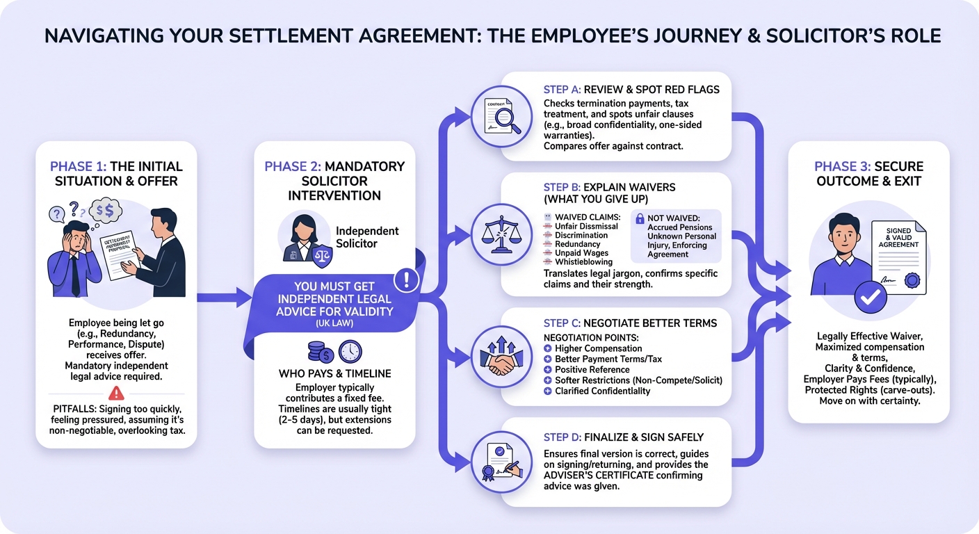 Infographic summarizing how a settlement agreement solicitor helps UK employees secure a fair exit