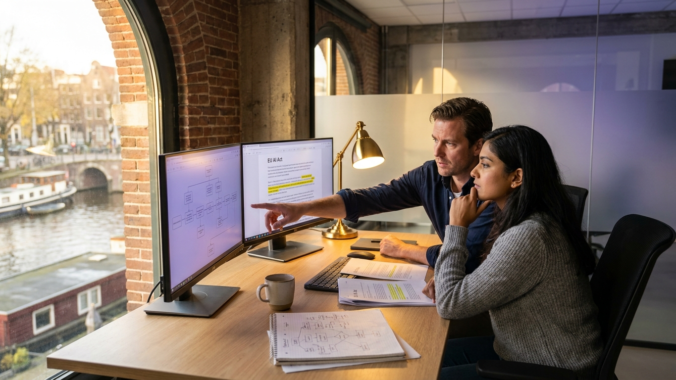 Een juridisch professional die digitale risicoanalyses analyseert op een dual-monitor setup