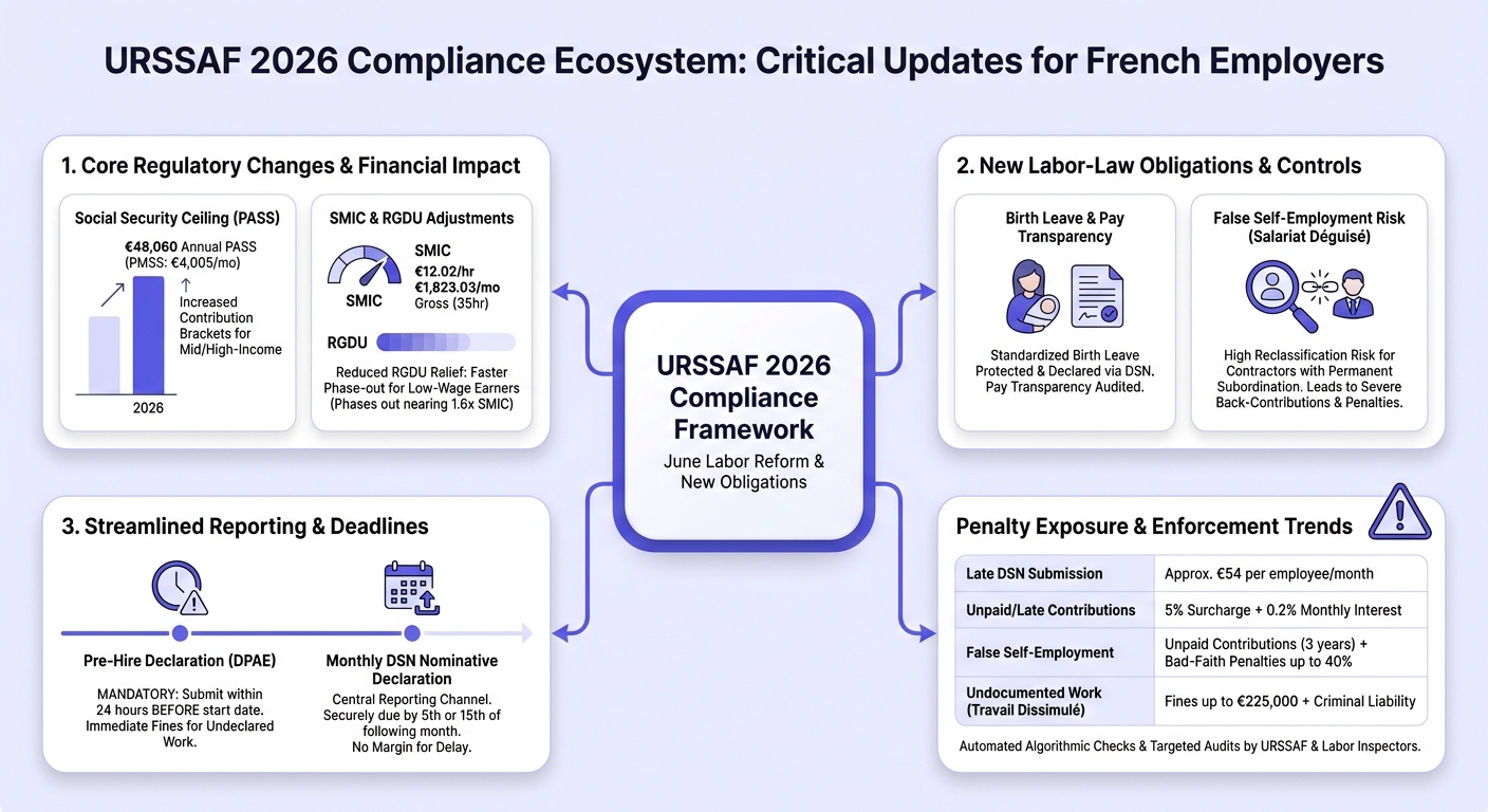 Infographie : 3 mises à jour critiques de conformité URSSAF 2026 pour les employeurs français suite à la réforme du travail de juin