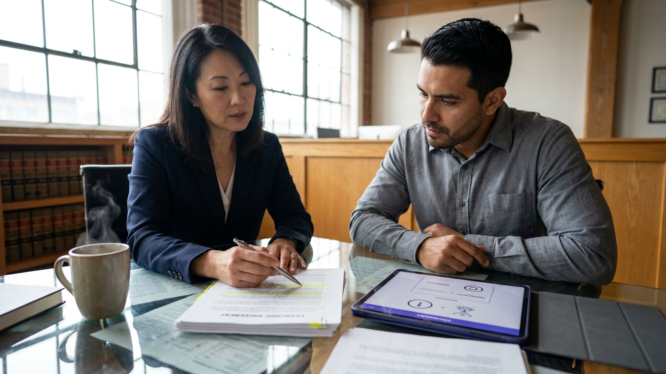 A legal professional reviewing contract clauses and highlighting key sections of a business agreement