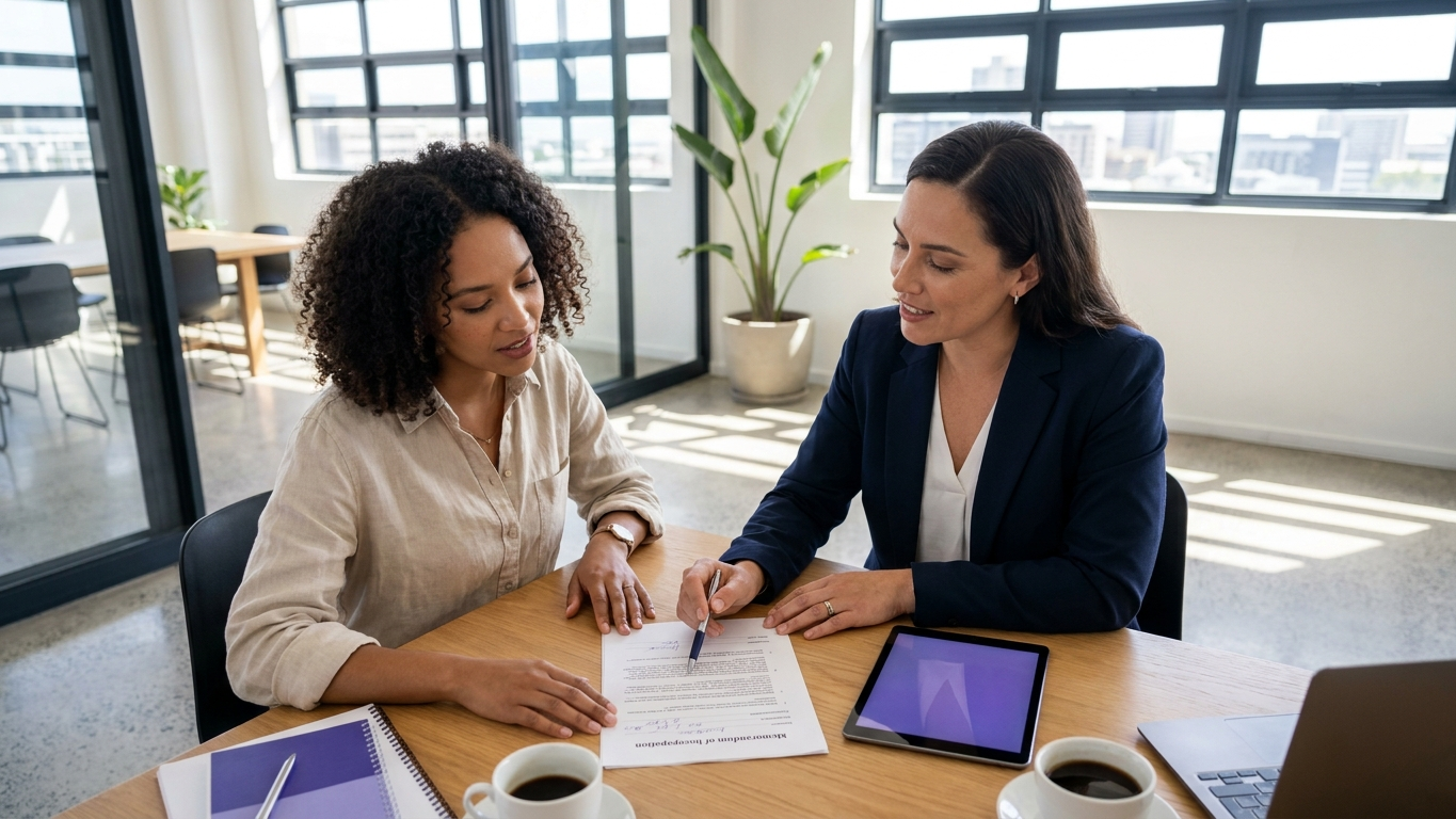 Corporate business documents and legal contracts on a boardroom table