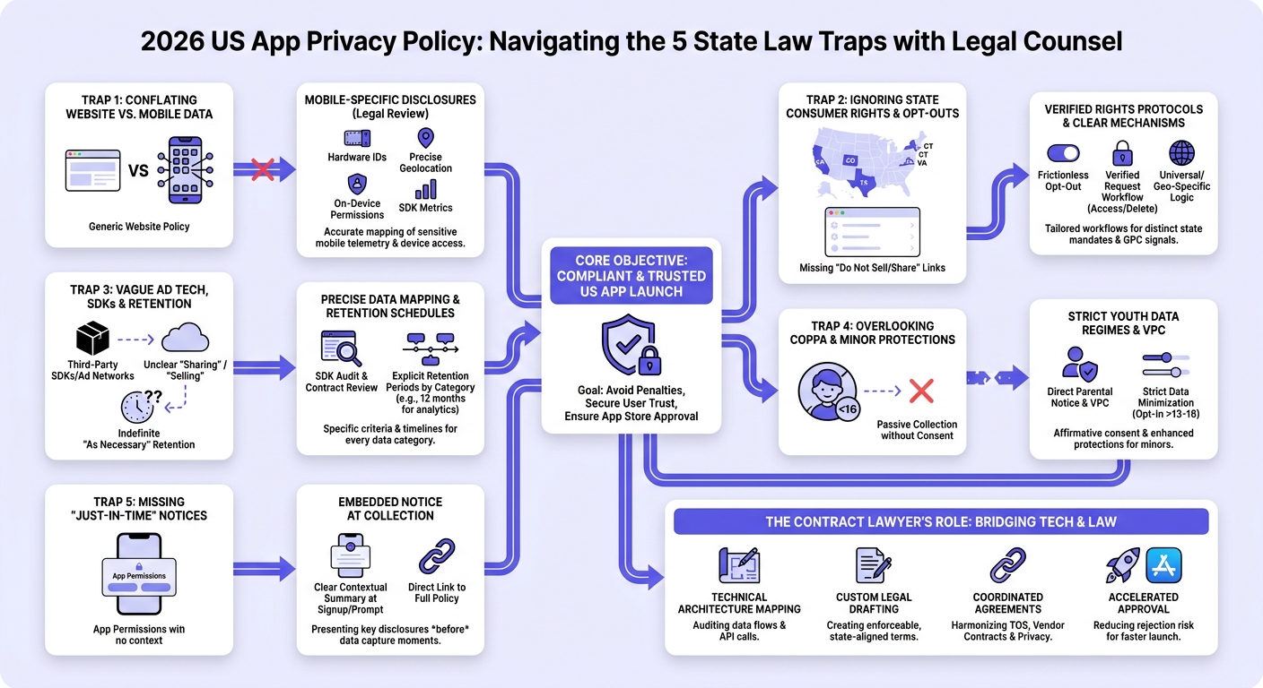 Infographic: 5 State Privacy Law Traps a Contract Lawyer Must Address in Your 2026 US App Privacy Policy