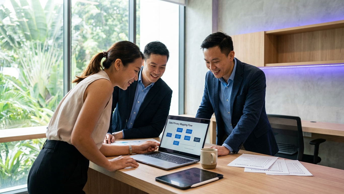 Entrepreneurs in Singapore collaborating on security compliance and data policies