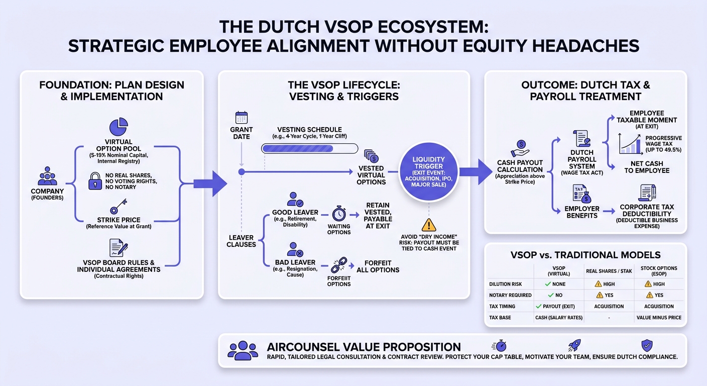 Infographic die uitlegt: Hoe implementeert u een Virtual Stock Option Plan (VSOP) volgens de Nederlandse belastingrichtlijnen