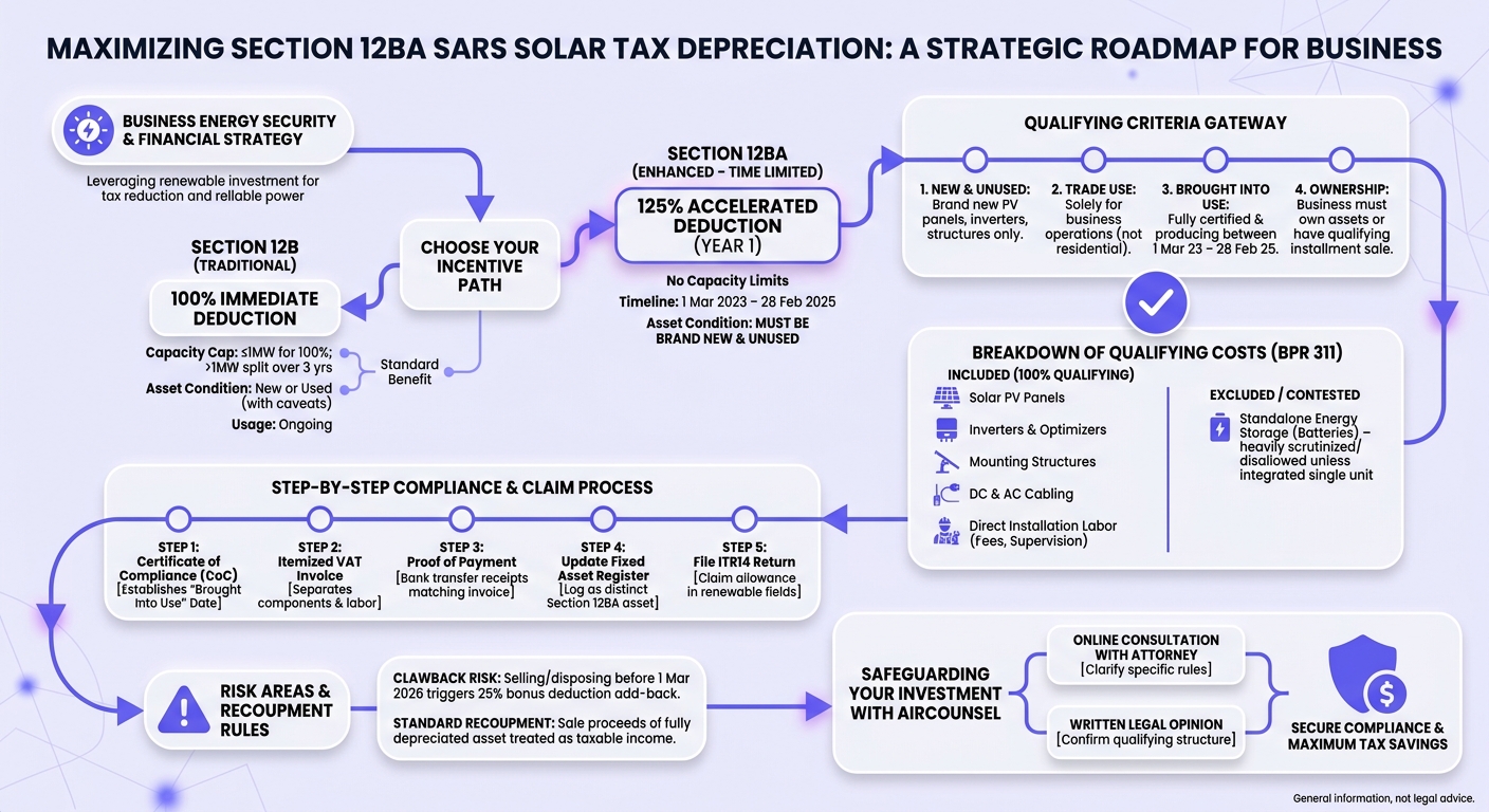 Infographic explaining: How to Use Solar Tax Depreciation to Maximize Section 12BA SARS Deductions
